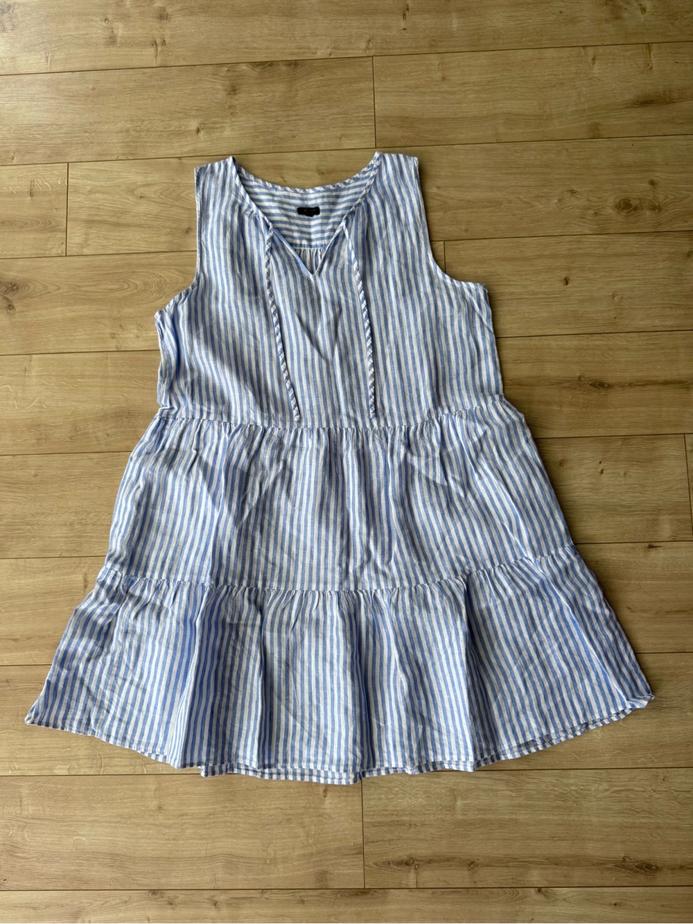 Talbots Petite Blue White Stripe Linen Tiered Dress Coastal Cottagecore XL